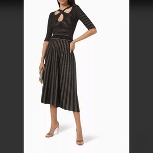 PINKO Bitter Two-tone Midi Dress in Stretch Jersey Black Gold Sparkle Metallic M